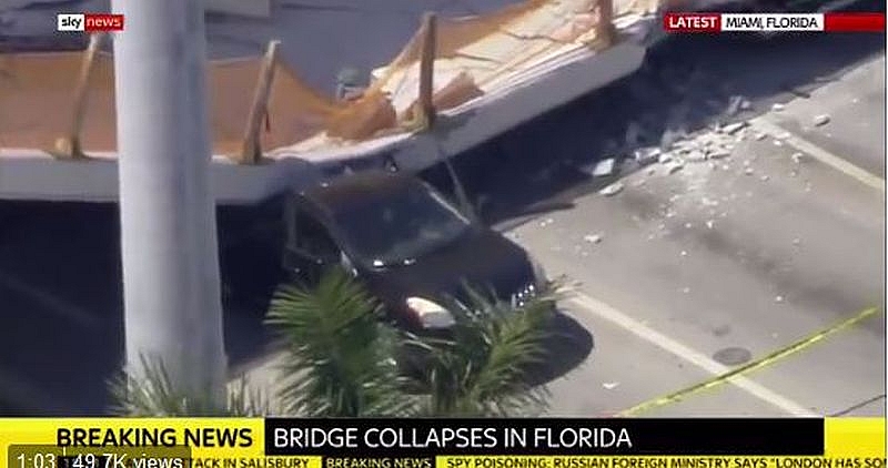 Пешеходен мост над шестлентов път в Маями се срути съобщават