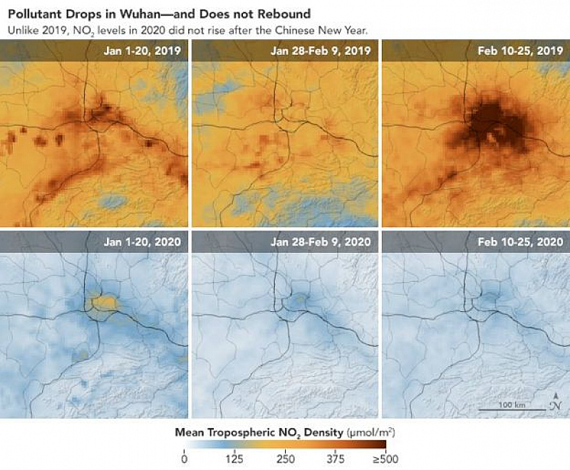 Сателитно изображение показва ефектът на епидемията от коронавирус върху въздуха