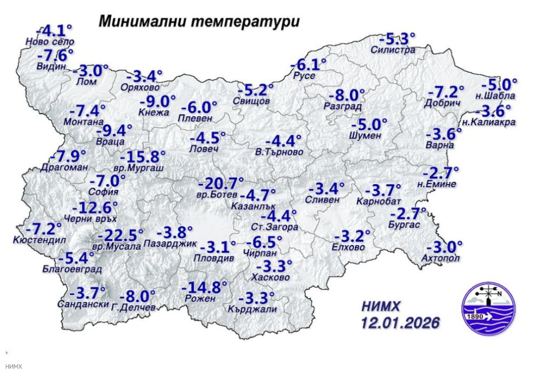 Сериозен мраз е отчетен и на връх Ботев където термометрите