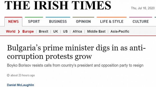 The Irish Times: Българският премиер - вкопчен във властта на фона на протестите срещу корупцията