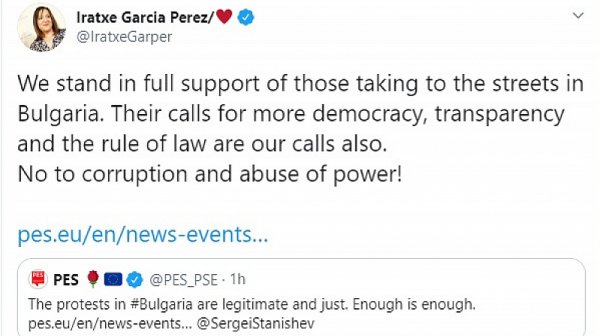 След разговор със Станишев Ираче Гарсия от Групата на социалистите и демократите в ЕП: Подкрепяме протестите в България