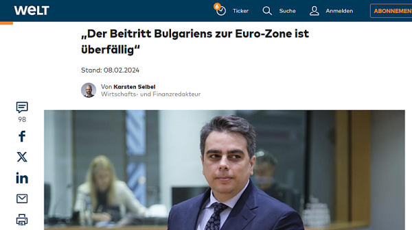 Асен Василев пред “Die Welt”: Влизането на България в еврозоната отдавна закъсня