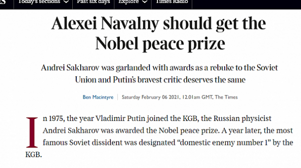 The Sunday Times: Алексей Навални заслужава Нобелова награда за мир