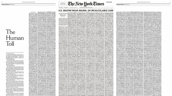 „Ню Йорк таймс“ отпечата на първа страница имена на жертви на COVID-19